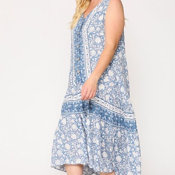 NWT! PLUS Size Boho Sleeveless V Neck Button Down Long Blue Dress Ruffled Hem - Picture 6 of 7
